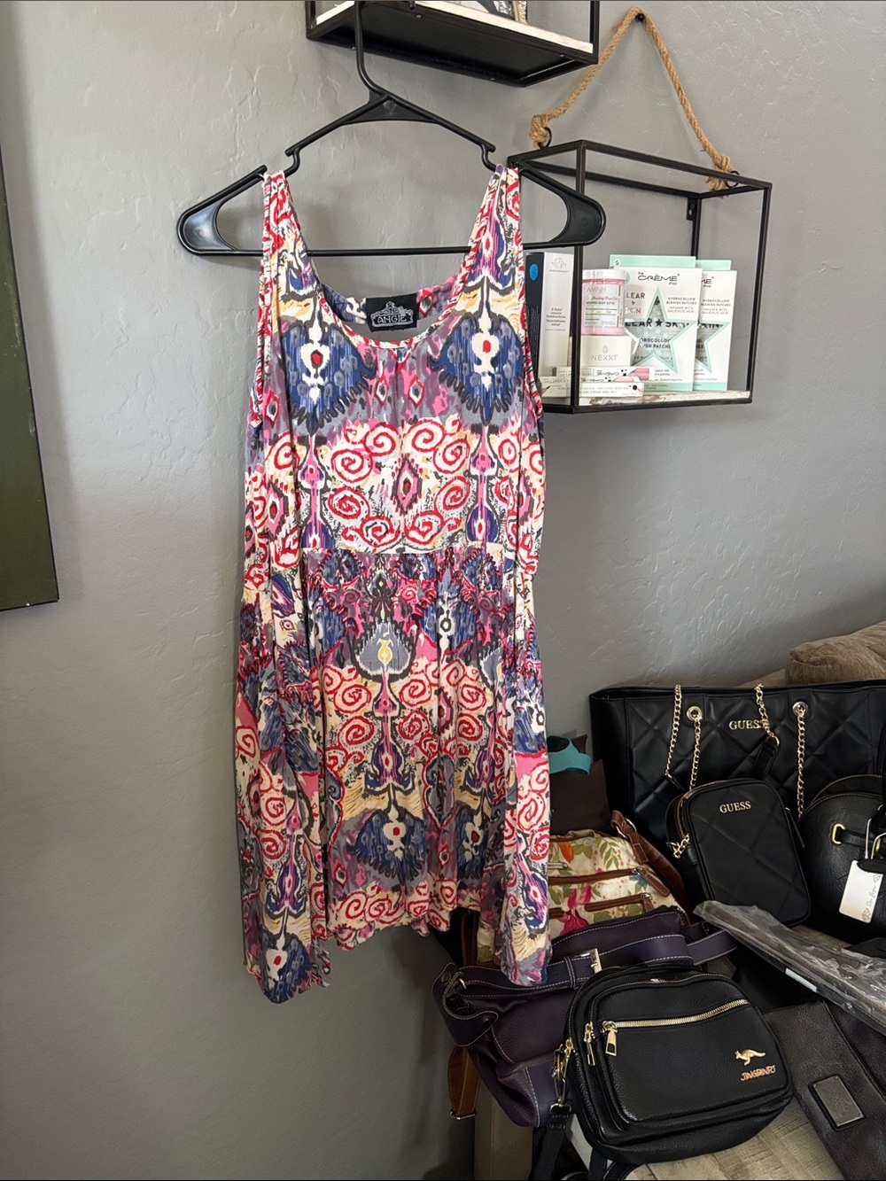 Angie Ikat-Print Sleeveless Mini Dress in Pink, Blue & Cream